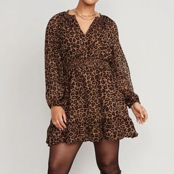 OLD NAVY Romantic Animal Print Cheetah Chiffon Mini Dress elastic waist 2X - Picture 1 of 9